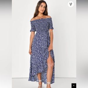 NWT Lulu’s Navy Blue Floral Print Off-the-Shoulder Midi Dress size XS